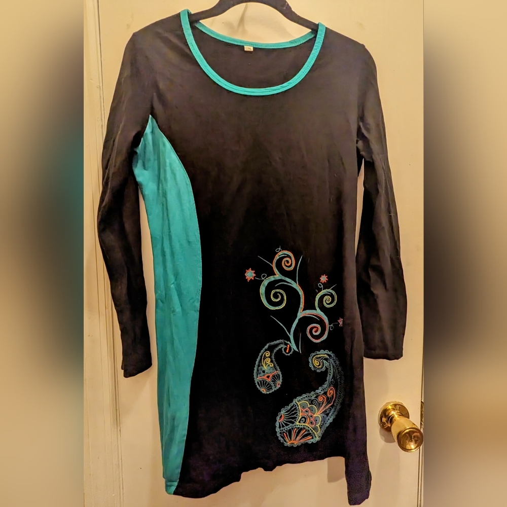 Coline black and teal dress 100% cotton L/XL